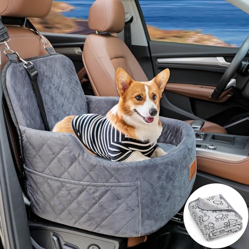 BCOCHAO Erhöhter Autositz für kleine und mittelgroße Hunde mit Memory-Schaumstoff, passend für Hunde bis zu 15,9 kg, abnehmbar, waschbar, mit Aufbewahrungstasche, Hundedecke von BCOCHAO