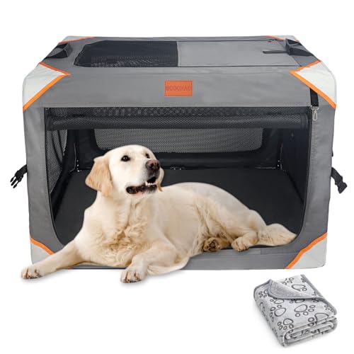 Faltbare Hundebox für kleine/mittelgroße Hunde, 4-Türer, robust und langlebig, atmungsaktiv und bequem, geeignet für Innen- und Außenreisen; kommt mit weicher Decke von BCOCHAO
