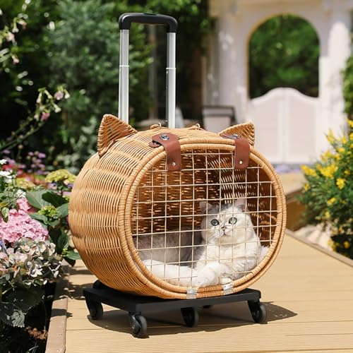 Handgewebter Rattan-Haustier-Kinderwagen mit Rädern und Teleskopgriff, Haustier-Trolley-Koffer for den Außenbereich for Spazierengehen und Reisen(Brown) von BDCPMT