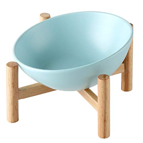 Katzennapf aus Keramik Ceramic Dog Cat Bowl Welpen Futternapf mit Holzständeraufnahme Porzellan Wasser-Zufuhr-Schüssel Speisen Schüssel Pet Supplies (Color : Blue and Holder, Size : 300ml) von BDXMKS