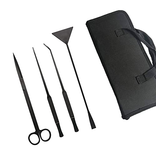 Aquarium Werkzeugset Aquascaping Tool Set Lang Pinzette Schere Kiesspatel Spatel Edelstahl mit Lagerung Tasche für Anfänger Aquarist Maintenance Pflanzenpflege, 4er Pack (Schwarz) von BE-TOOL