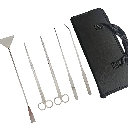 Aquarium Werkzeugset Aquascaping Tool Set Lang Pinzette Schere Kiesspatel Spatel Edelstahl mit Lagerung Tasche für Anfänger Aquarist Maintenance Pflanzenpflege, 5er Pack (Mattes Silber) von BE-TOOL
