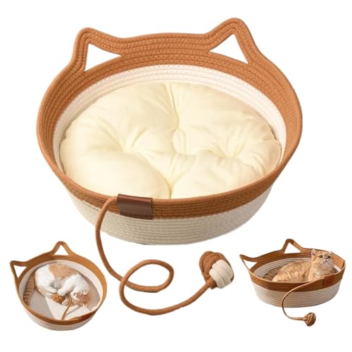 BEAHING Katzenbetten für Innenkatzen, 2-in-1-Baumwollseil gewebte Katzenkörbe mit Spielzeugschwanz, Kätzchenbett mit weichem Kissen, Korbkorb mit Autokorb mit Autokorb für weniger als 4 kg Katzen, m BEAHING Katzenbetten für Innenkatzen, 2-in-1-Baumwollseil gewebte Katzenkörbe mit Spielzeugschwanz, Kätzchenbett mit weichem Kissen, Korbkorb mit Autokorb mit Autokorb für weniger als 4 kg Katzen, m von BEAHING