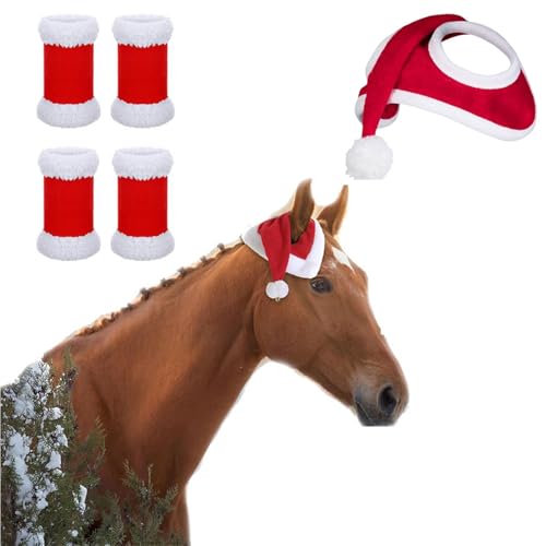 BEALIFE Festliches Weihnachtsmann Beinwickel und Pferdehut Set mit Kunstpelzbesatz, Weihnachtspferde Partykostüm Zubehör, 5 teilig, Typ+1 von BEALIFE