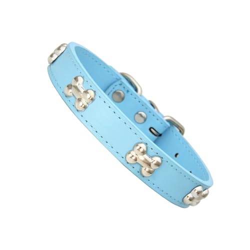 BEALIFE Stilvolle und Bequeme Hundehalsbänder, verstellbare Schnallen, mehrere Größen erhältlich, mit Knochen besetztes Hundehalsband, PU, langlebiges PU, hellblau M von BEALIFE