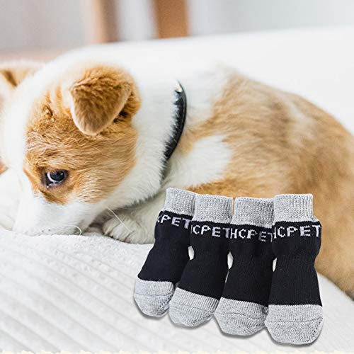 rutschfeste Hundesocken Doppelseitige Haustierpfotenschutz mit Fußabdruckmustern Verstellbare Pfotenschutz Haftsocken für Drinnen Warme Indoor für Kleine Mittelgroße Hunde (XL,Schwarz) von BEAUTYBIGBANG