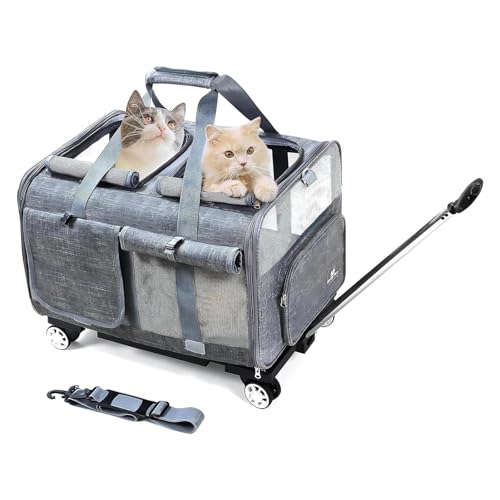 BEAUTYMONKEY.K Katzen Trolley für Zwei Katzen - Katzentransportbox für 2 Katzen mit Rollen Katzentransporttasche Groß für 2 Katzen mit Rädern – Ideal für Tierarzt, Autoreisen(55x44x33cm) von BEAUTYMONKEY.K