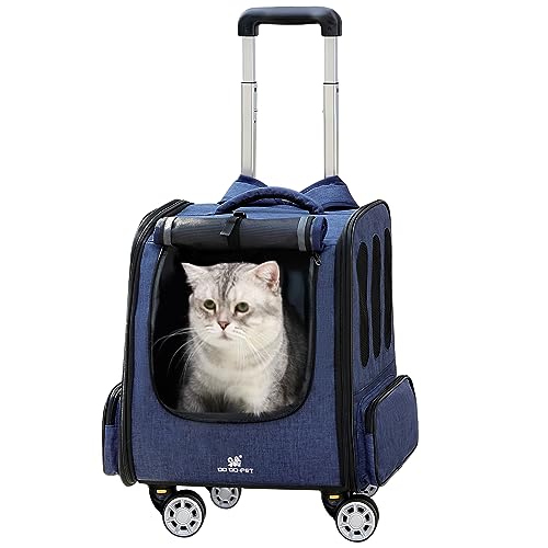 BEAUTYMONKEY.K Katzenrucksack mit Rollen, Haustier Rucksack mit Rollen für kleine Hunde und Katzen bis 4 kg, Katzenrucksack Trolley, Blau von BEAUTYMONKEY.K