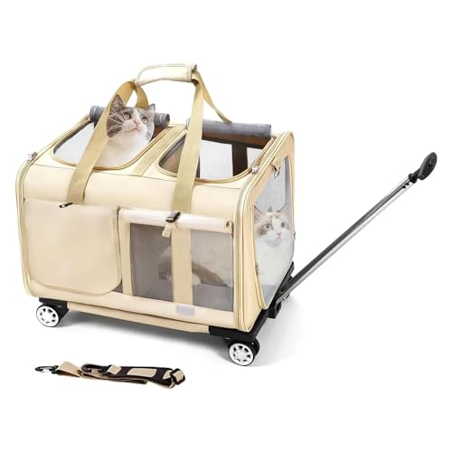 BEAUTYMONKEY.K Katzentransporttasche Groß für 2 Katzen mit Rädern & Abnehmbarem Untergestell – 2-Kammer-Design Transportbox Trolley für Zwei Katzen – Ideal für Tierarzt, Autoreisen(55x44x33cm) von BEAUTYMONKEY.K