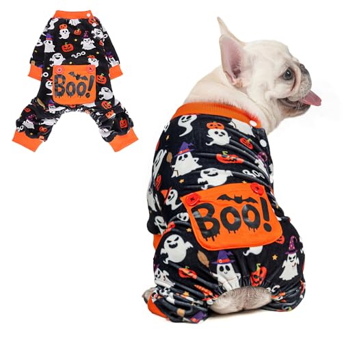 BEAUTYZOO Halloween-Pyjama für Hunde, mittelgroße Hunde, Fleece, lustiger Geist-Kürbis-Kostüm für Hunde, weich, dehnbar, Einteiler mit Füßen, Haustierbekleidung für mittelgroße Hunde, Jungen, Mädchen von BEAUTYZOO