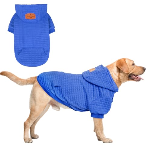 BEAUTYZOO Hunde-Kapuzenpullover mit Taschen, Hundekleidung für kleine und mittelgroße Hunde, Jungen und Mädchen, Waffelähnlich, laminierte Baumwolle, Haustiermäntel mit Loch für Hut und Leine, Blau von BEAUTYZOO