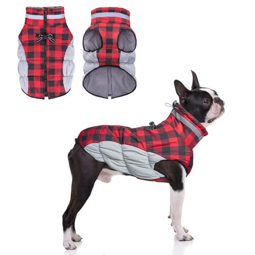 BEAUTYZOO Hundemantel mit Geschirr, Pufferjacke, wasserdicht, warmer Schneeanzug, dicker Mantel für kaltes Wetter, winddicht, Hunde-Fleeceweste, kariert, Rot, Größe M BEAUTYZOO Hundemantel mit Geschirr, Pufferjacke, wasserdicht, warmer Schneeanzug, dicker Mantel für kaltes Wetter, winddicht, Hunde-Fleeceweste, kariert, Rot, Größe M von BEAUTYZOO