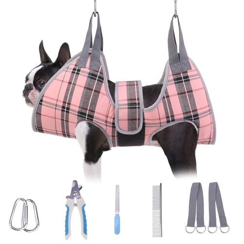BEAUTYZOO Hundepflege-Hängematte für kleine Hunde und Katzen, Hundeschlinge zum Nageltrimmen/-schneiden, Hundegeschirrhalter zum Aufhängen mit dickem Stoff-Nackenstütze und Gurt, Krallenpflege, Rosa von BEAUTYZOO