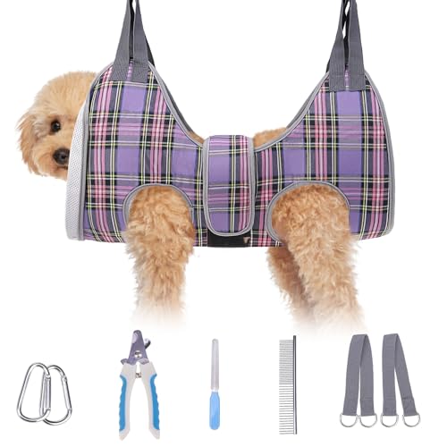 BEAUTYZOO Hundepflege-Hängematte für kleine Hunde und Katzen, Hundetuch zum Nageltrimmen/-schneiden, Hundegeschirrhalter zum Aufhängen mit dickem Stoff-Nackenstütze und Gurt, Krallenpflege, Lila, XS von BEAUTYZOO