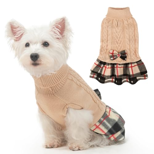 BEAUTYZOO Hundepullover für Mädchen, Zopfmuster, Hundepullover für kleine Hunde und Mädchen – Rollkragenpullover mit kariertem Rock und Fliege, warmes Hunde-Strickkleid für kaltes Wetter, Winter von BEAUTYZOO