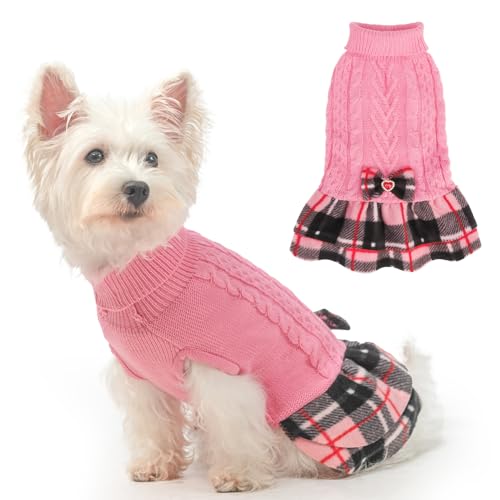 BEAUTYZOO Hundepullover für Mädchen, Zopfmuster, Hundepullover für kleine Hunde und Mädchen – Rollkragenpullover mit kariertem Rock und Fliege, warmes Hunde-Strickkleid für kaltes Wetter, Winter von BEAUTYZOO