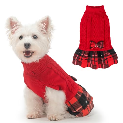 BEAUTYZOO Hundepullover für Mädchen, Zopfmuster, Hundepullover für kleine Hunde und Mädchen – Rollkragenpullover mit kariertem Rock und Fliege, warmes Hunde-Strickkleid für kaltes Wetter, Winter von BEAUTYZOO