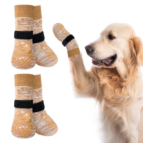BEAUTYZOO Hundesocken für kleine, mittelgroße und große Hunde, rutschfeste Socken gegen Lecken für heiße/kalte Gehwege, Traktionskontrolle für Welpen, ältere Hunde, helles Khaki, Größe XL von BEAUTYZOO