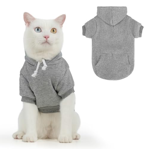 BEAUTYZOO Katzen-Kapuzenpullover mit Tasche, warme Fleece-Kleidung für drinnen und draußen, warmes Winter-Baumwoll-Haustier-Outfit mit Hut und Leine, für Kätzchen, Welpen, Grau, Größe L von BEAUTYZOO