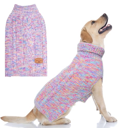 BEAUTYZOO Kleiner Hundepullover – Rollkragenpullover klassischer Zopfstrick, flauschiger Wintermantel für Hunde, kaltes Wetter, Kleidung für kleine, mittelgroße Hunde, Jungen (Regenbogenrosa, M/L) von BEAUTYZOO