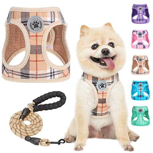 BEAUTYZOO Hundegeschirr und Leine, Set für Haustiere, kein Würgen, kein Ziehen, weiches Netzgewebe, reflektierend für extra kleine/kleine, mittelgroße Welpen und Katzen, Beige, Größe S von BEAUTYZOO