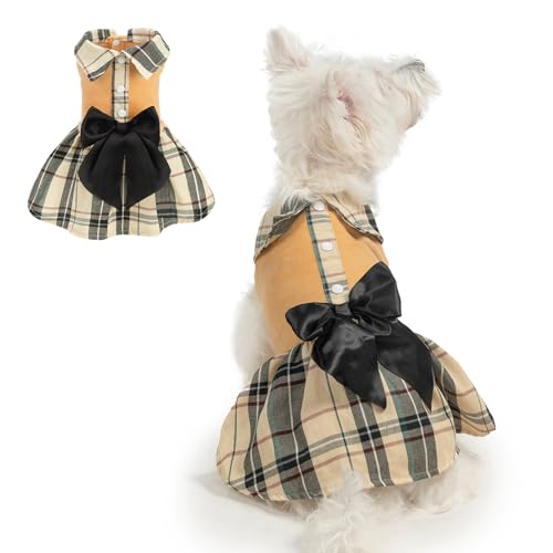 BEAUTYZOO Plaid Hundekleid mit Schleife, Kristallsamt Welpenkleid Winter Hundekleidung für kleine Hunde Mädchen, Chihuahua Yorkie Pudel Outfit, Beige M von BEAUTYZOO