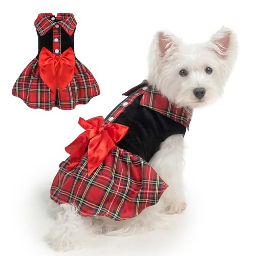 BEAUTYZOO Plaid Hundekleid mit Schleife, Kristallsamt Welpenkleid Winter Hundekleidung für kleine Hunde Mädchen, Chihuahua Yorkie Pudel Outfit, Rot, S von BEAUTYZOO