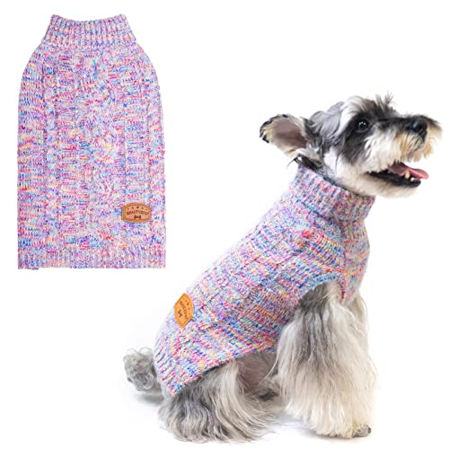 BEAUTYZOO Pullover für kleine Hunde – Rollkragen-Pullover, klassischer Zopfstrick, flauschiger Wintermantel, Hunde, kaltes Wetter, Kleidung für kleine, mittelgroße Hunde, Jungen (Regenbogenrosa, L) von BEAUTYZOO