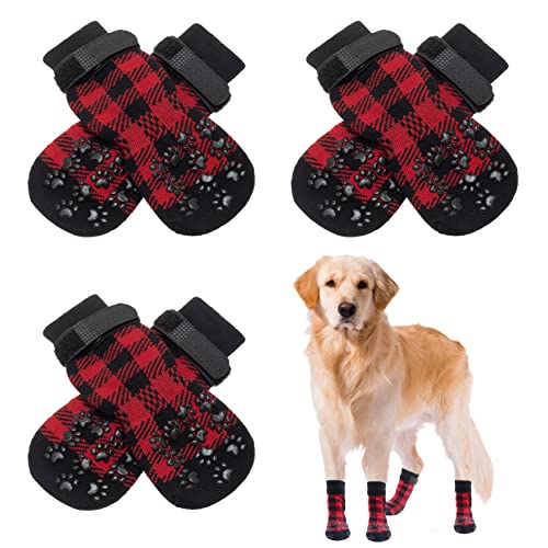 BEAUTYZOO Rutschfeste Hundesocken mit Griffen, Traktionskontrolle für kleine, mittelgroße und große Hunde, rutschfest, doppelseitig, Haustierpfotenschutz für Hartholzböden (kariert, Größe M) von BEAUTYZOO