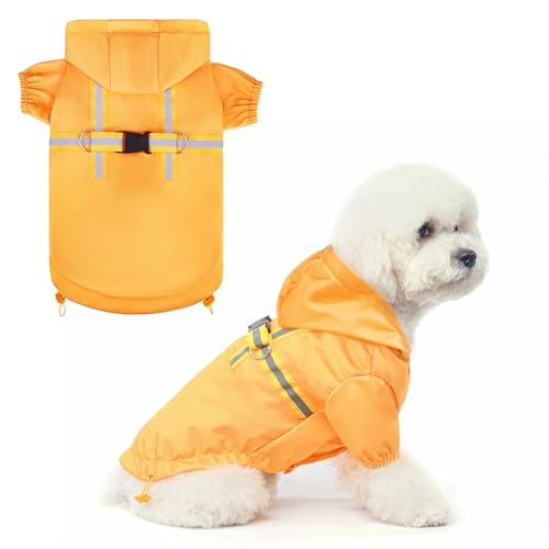 BEAUTYZOO Winddichter Hunde-Regenmantel, warme Hunderegenjacke mit Kapuze und Loch für die Leine, reflektierender Riemen für kleine, mittelgroße Hunde und Katzen, Gelb, Größe L von BEAUTYZOO