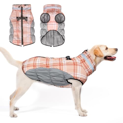 BEAUTYZOO Winterjacke für große Hunde, wasserdicht und warm, Schneeanzug, dicker Kaltwettermantel, winddichte Fleece-Weste, kariert, Braun, Größe L von BEAUTYZOO