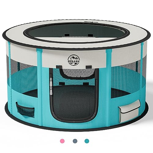 Hundelaufställe Playpen für Hunde 110 cm große Faltbare Haustierspielstifte Innen im Freien Übungstift mit Tragetasche Food Bowl für Katzenpuppen -Kaninchen (Cyan, 36Zoll) von BEBANG