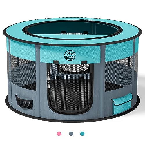 Hundelaufställe Playpen für Hunde 110 cm große Faltbare Haustierspielstifte Innen im Freien Übungstift mit Tragetasche Food Bowl für Katzenpuppen -Kaninchen (GRAU, 44Zoll) von BEBANG