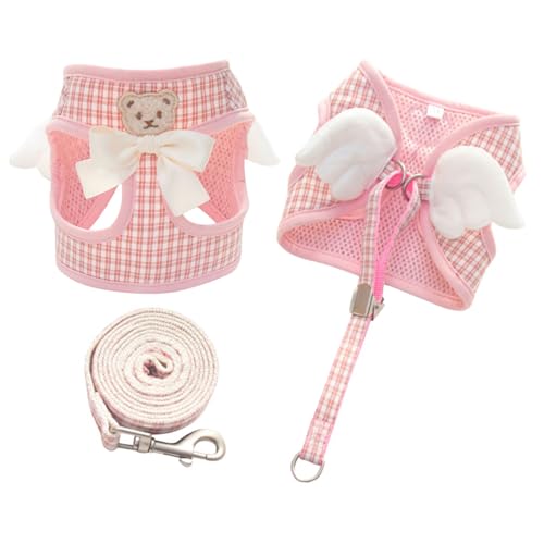 Hundegeschirr und Leine, Set mit Winkelflügeln, verstellbares Netzgewebe, mit Flügeln und Schleife für kleine, mittelgroße Hunde und Katzen, Größe M, Rosa mit kleinem Gitter Hundegeschirr und Leine, Set mit Winkelflügeln, verstellbares Netzgewebe, mit Flügeln und Schleife für kleine, mittelgroße Hunde und Katzen, Größe M, Rosa mit kleinem Gitter von BECHANMIG