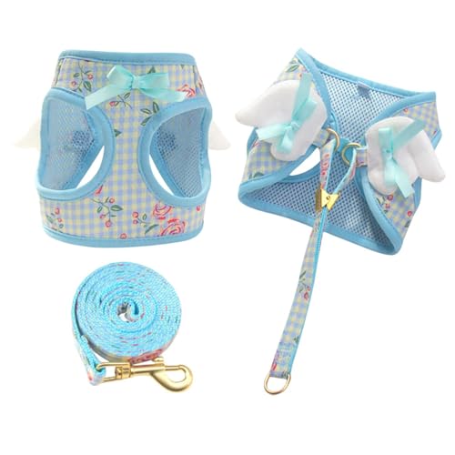 Hundegeschirr und Leine, Set mit abgewinkelten Flügeln, verstellbares Netzgewebe, mit Flügeln und Schleife für kleine, mittelgroße Hunde und Katzen, Größe M, blaue Blume Hundegeschirr und Leine, Set mit abgewinkelten Flügeln, verstellbares Netzgewebe, mit Flügeln und Schleife für kleine, mittelgroße Hunde und Katzen, Größe M, blaue Blume von BECHANMIG