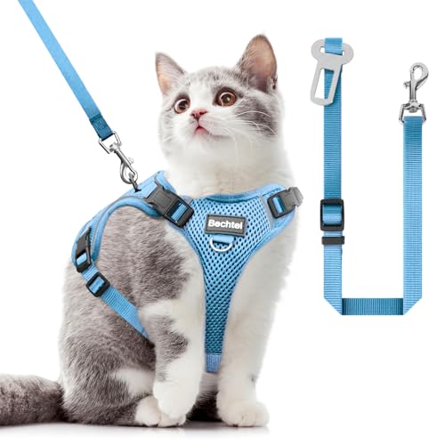 Katzengeschirr und Leine zum Spazierengehen, in vier Richtungen verstellbar und atmungsaktiv, ausbruchsicher, anpassbar, reflektierende Streifen, blau, Größe XS von BECHTEL
