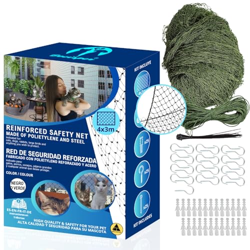 BECISPER Verstärktes Katzennetz, 4 x 3 m, Katzennetz Balkon, Katzennetz Fenster, Balkon Katzennetz für Balkon, Kindersicherungsnetz, Katzenschutznetz, Grün, 4 x 3 m von BECISPER