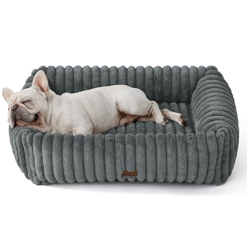 BEDSURE Hundebett Grosse Hunde orthopädisch, 76x61x20cm Cord Fleece waschbares Hundekorb, rutschfest Hunde bettchen mit hohem Rand, grau von BEDSURE