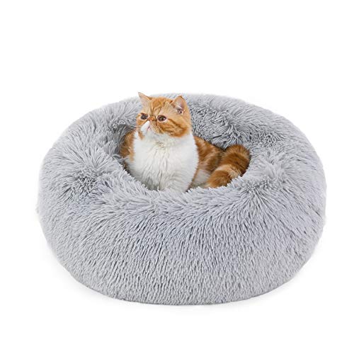 BEDSURE Hundebett waschbar Flauschiges Katzenbett - Ø 50 cm Donut Kissen, Katzenschlafplatz für Katzen Kleine Mittelgroße Hunde, Plüsch Katzenkissen Rund Kuschelbett, Hellgrau von BEDSURE