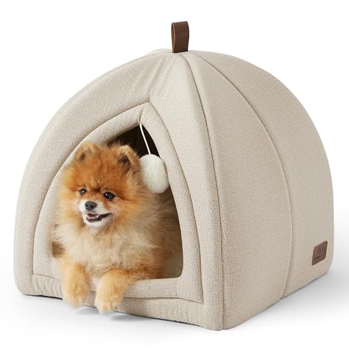 BEDSURE Katzenbett große Katzen Katzenhöhle- 44x44x44 cm Katzenhaus Indoor mit abnehmbarem Sherpa Katzenkissen und hängendem Spielzeug, Katzen Bettchen waschbar, Beige BEDSURE Katzenbett große Katzen Katzenhöhle- 44x44x44 cm Katzenhaus Indoor mit abnehmbarem Sherpa Katzenkissen und hängendem Spielzeug, Katzen Bettchen waschbar, Beige von BEDSURE