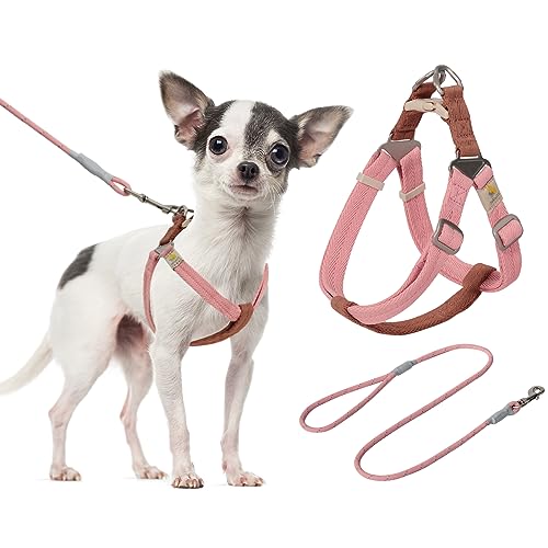 BELLA & PAL Hundegeschirr und Leine Set, Weiche Nylon Step-in Welpengeschirr für Extra Kleine Hunde, Atmungsaktives Leichtes Verstellbares Brustgeschirr, Pink-Braun, XS von BELLA & PAL