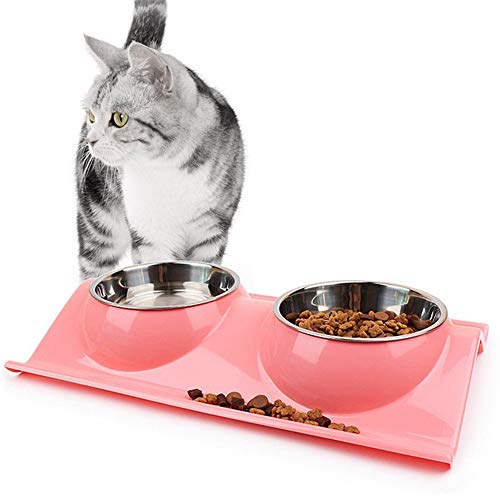 Katzennapf Katzennapf rutschfest Katzen-Wasserschüssel Hundenapf Edelstahl Flache Katze Schüssel Doppelte Katzenschüssel Katzenschüssel Set pink von BENHAI