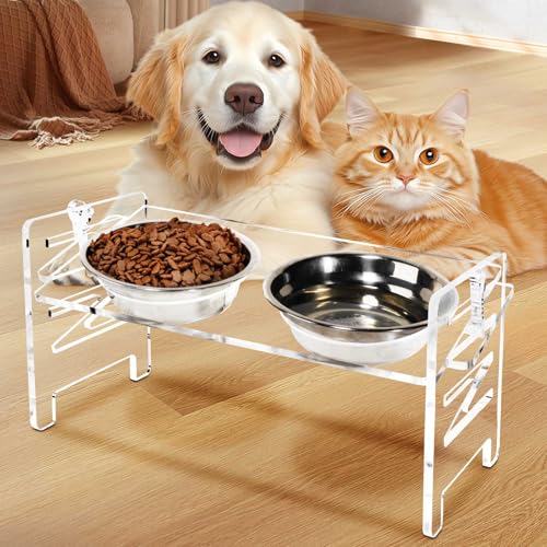 BESHIGH Erhöhter Futternapfständer aus Acryl mit 6 Höhenoptionen Verstellbarer Hundenapfständer für kleine Hunde und Katzen, erhöhter Futternapfständer mit 2 Edelstahl-Hundenapfschalen von BESHIGH