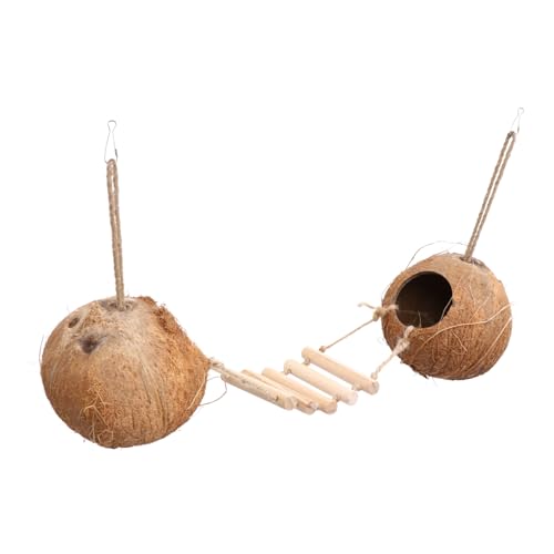 BESPORTBLE Kokosnuss-Haus Für Vögel Und Nager Natürlicher Kokosnussschalen-nistplatz Mit Holzbrücke Und Kletterschaukel Als Spielzeug Und Ruheplatz Für Hamster Wellensittiche Und von BESPORTBLE