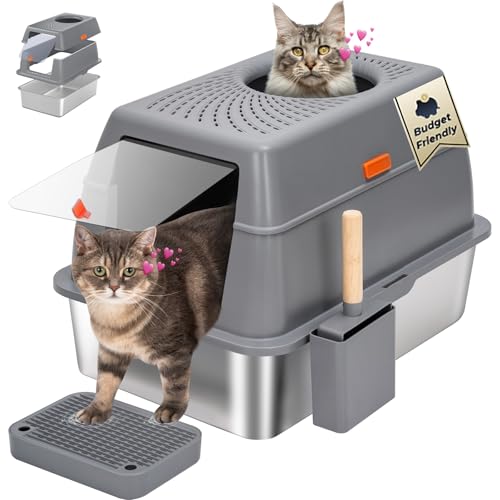 Edelstahl Katzentoilette mit Deckel, SUS304 Metall Katzentoiletten, Geschlossene Extra Große Kitty Katzentoilette Hohe Wand, Jumbo Katzentoilette mit Dreifachpedal, Antihaftbeschichtung, von BEST JAJA