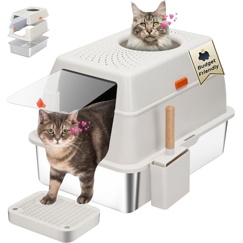 Katzentoilette aus Edelstahl mit Deckel, SUS304 Metall Katzentoiletten, Geschlossene Extra Große Kitty Katzentoilette Hohe Wand, Jumbo Katzentoilette mit Dreifachpedal, Antihaftbeschichtung, von BEST JAJA