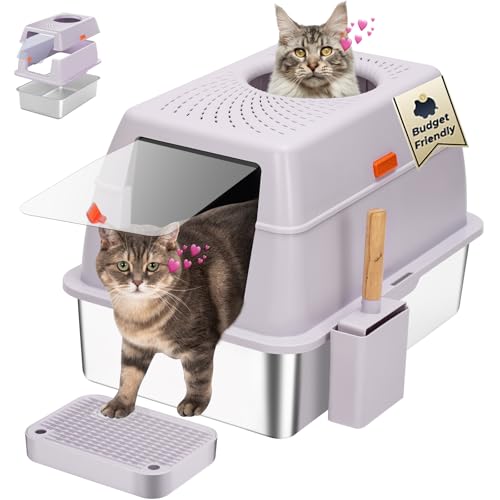 BEST JAJA Geschlossene Katzentoilette aus Edelstahl, extra große hochseitige Metall-Katzentoilette mit Deckel, Anti-Auslaufen, einfache Reinigung, nicht klebrig, inklusive Schaufel und Halterung von BEST JAJA