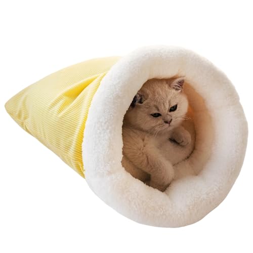 BESTORI Katze Schlafsack Selbstheizender Weiches Plüsch Katzenbett Warm Haustier-Kuschelsack Halbgeschlossen Winter Höhlenbett für Indoor-Katzen, Gelb von BESTORI