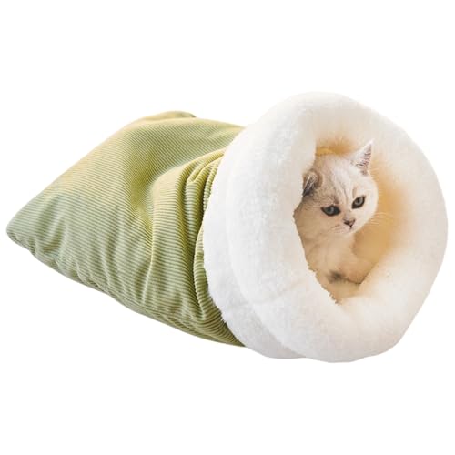 BESTORI Katze Schlafsack Selbstheizender Weiches Plüsch Katzenbett Warm Haustier-Kuschelsack Halbgeschlossen Winter Höhlenbett für Indoor-Katzen, Grün von BESTORI