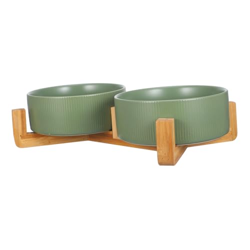 BESTonZON 1 Satz Keramisches Katzenfutter mit Holzständer Hochwertige Doppelte Fressnäpfe für Hunde und Katzen rutschfest und für Sicheres Füttern und Trinken von BESTonZON